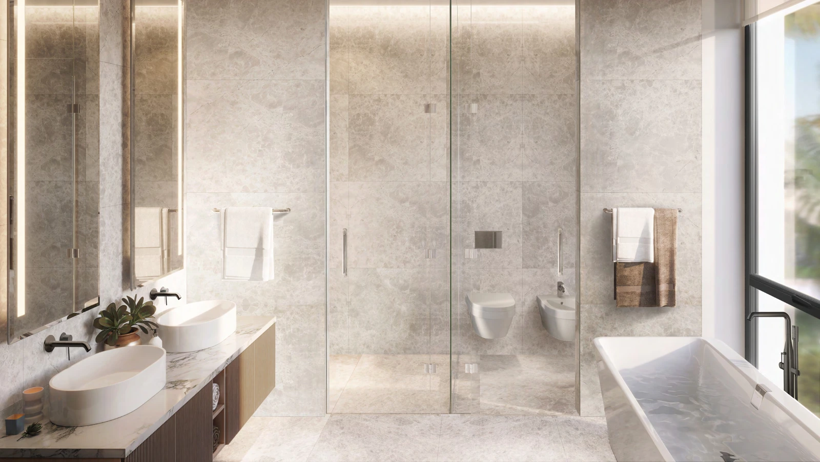 Bluejay bathroom with warm stone finishes and a glazed shower