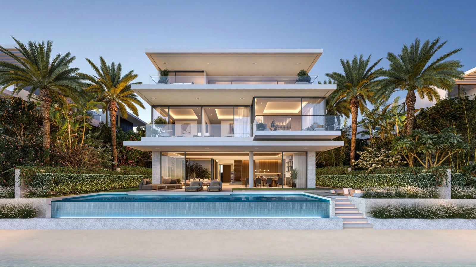 Bluejay beachfront elevation, with three levels, broad terraces and a pool facing the beach