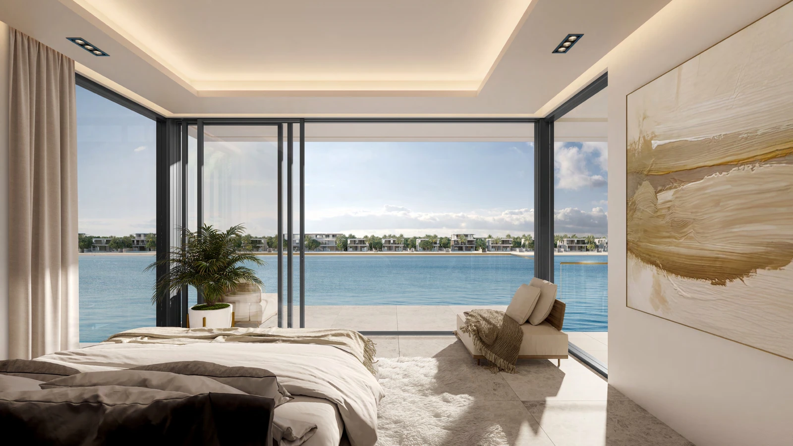 Bluejay bedroom with full-height glazing overlooking the water