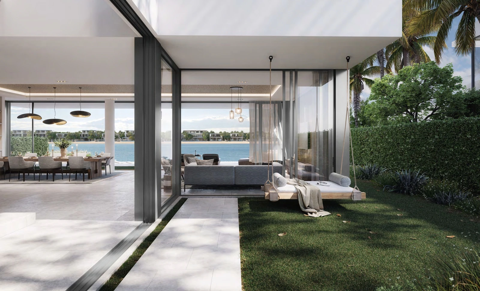 Original Bluejay courtyard with a suspended daybed, lawn and glass living spaces