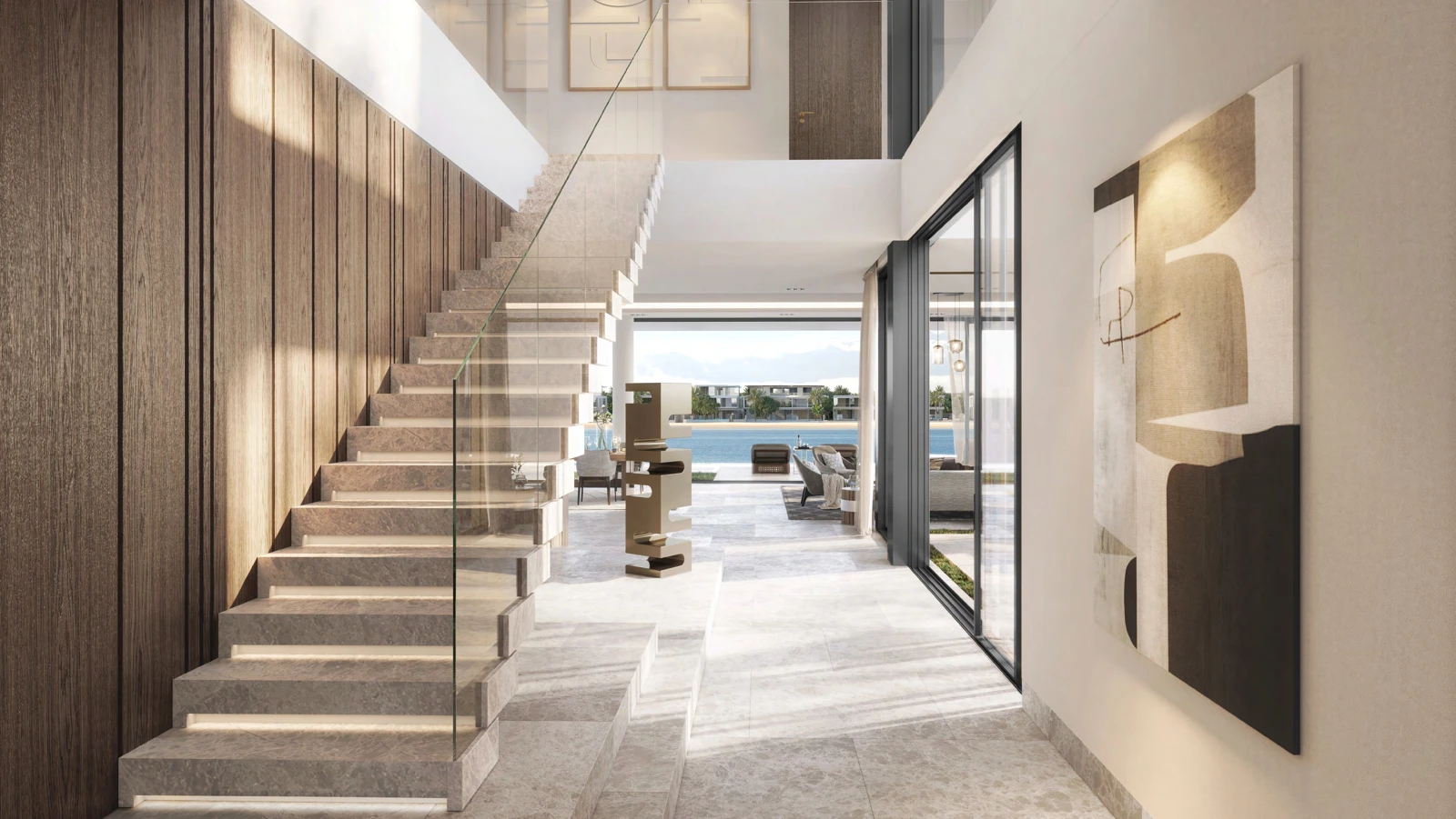 Bluejay entrance hall with timber-lined staircase and a view through to the sea