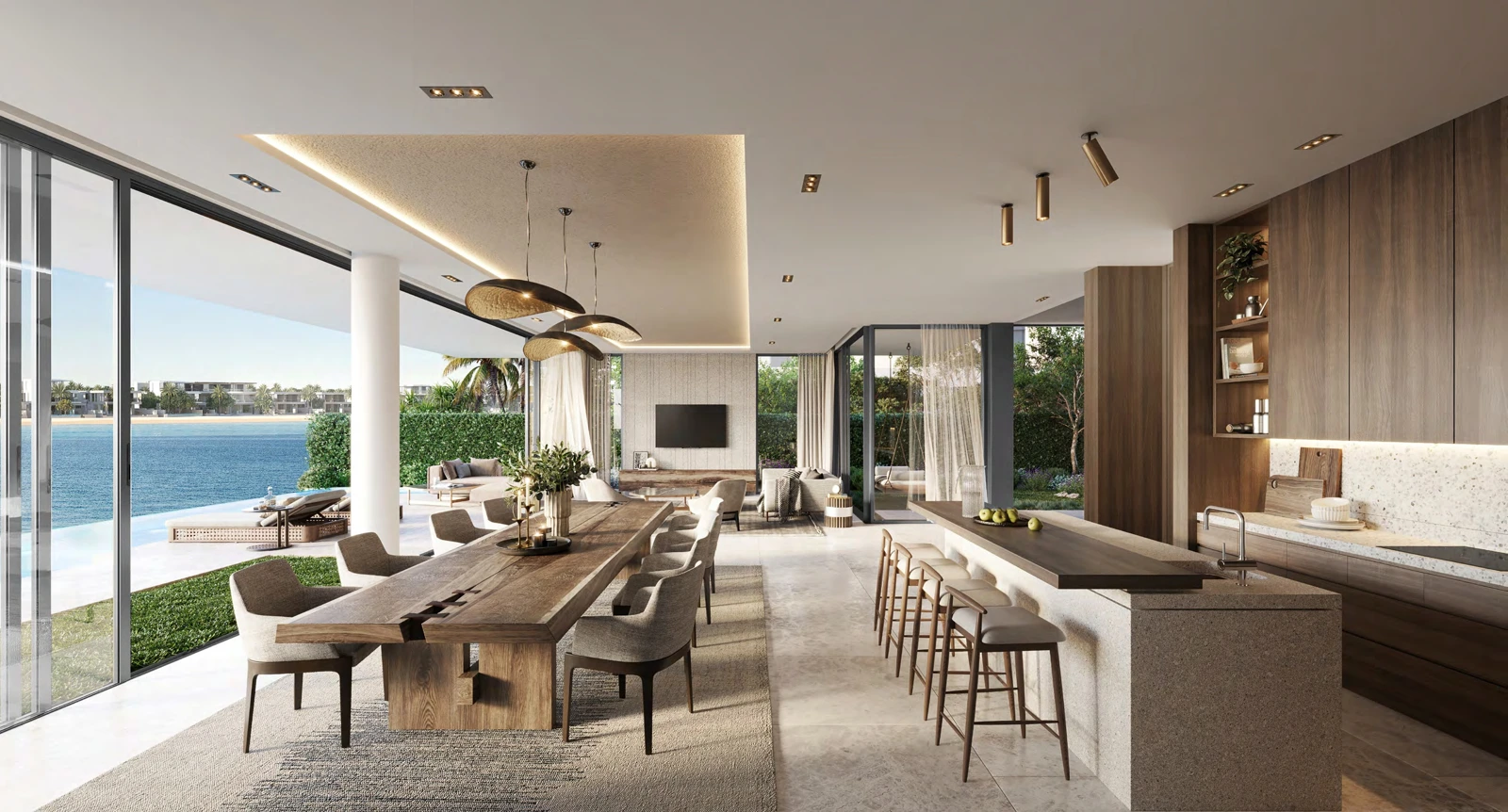 Bluejay open-plan dining, living and show kitchen facing the waterfront