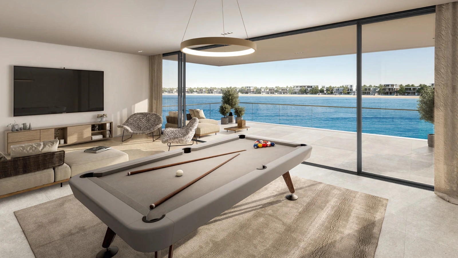Bluejay multipurpose lounge with a billiard table and waterfront view