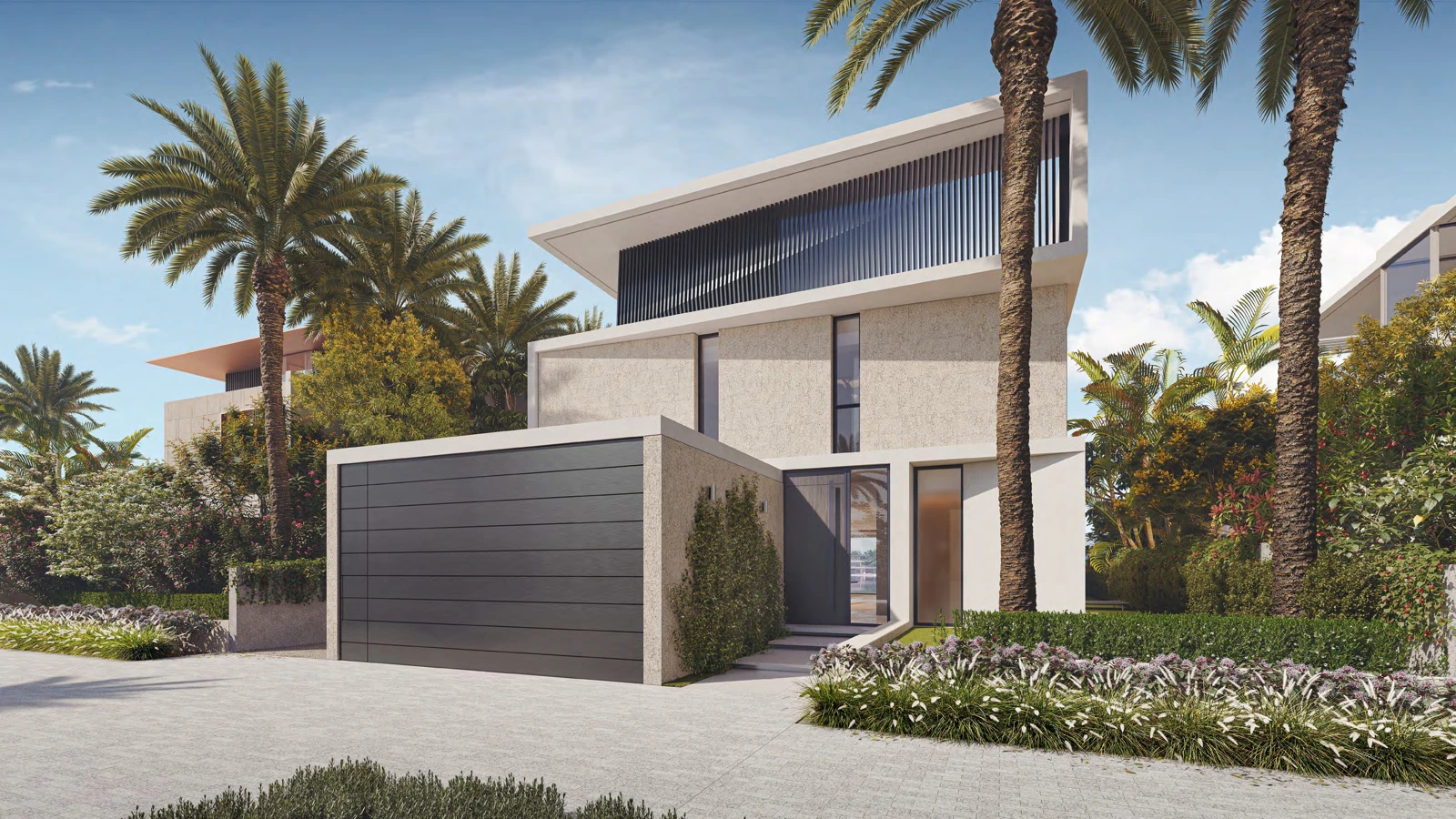 Original Bluejay street elevation with limestone walls, dark garage and palm planting