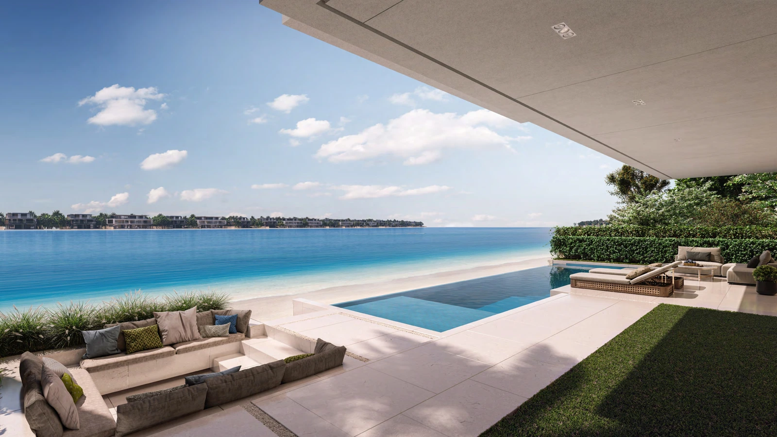 Bluejay shaded terrace looking across the pool toward the sea